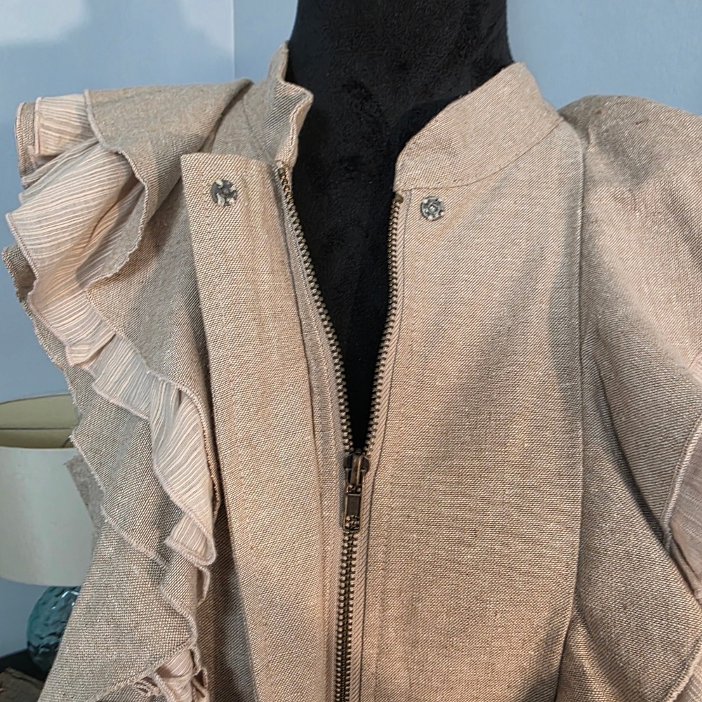 RYU Dress Large Beige Linen Cotton Ruffle Pleated Hem Sash Boho Cottagecore - Picture 3 of 11